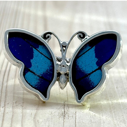 Bague Azura Bleu nuit en argent et ailes naturelles de papillon – ajustable