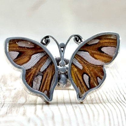 Bague Azura Brun nacré en argent et ailes naturelles de papillon – vue de face