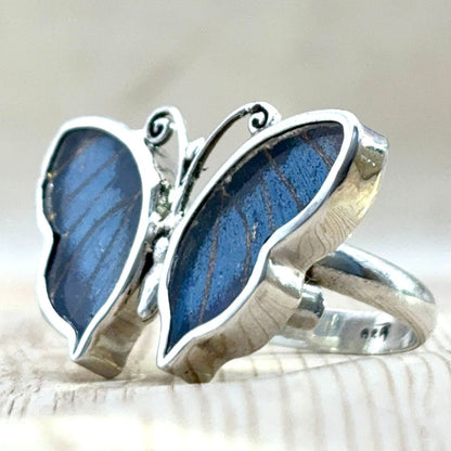 Bague Azura Bleu nuit en argent et ailes naturelles de papillon – vue de profil