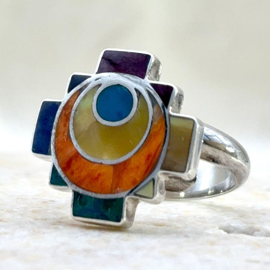 Bague Chakana ajustable en argent et pierres naturelles – Ambre solaire
