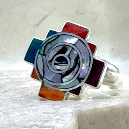 Bague Chakana Crépuscule irisé en argent et pierres naturelles – vue trois quarts