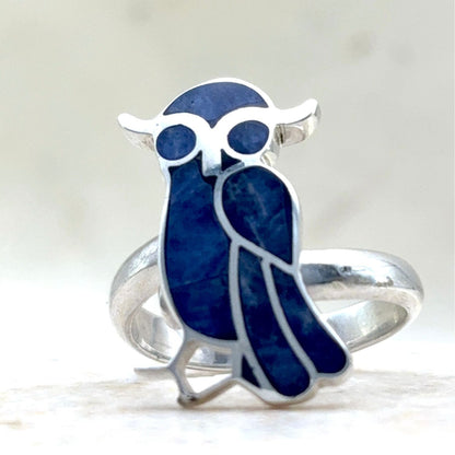 Bague Yara Hibou ajustable en argent et lapis-lazuli