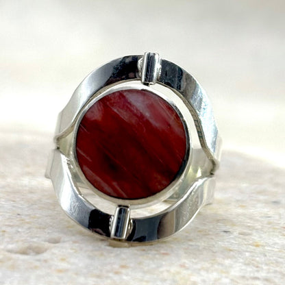 Bague Réversible en argent avec spondylus – pierre naturelle rouge orangé