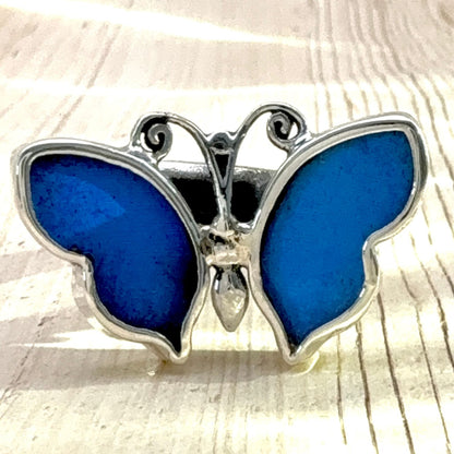Bague Azura Délicate Bleu profond en argent avec ailes de papillon naturelles