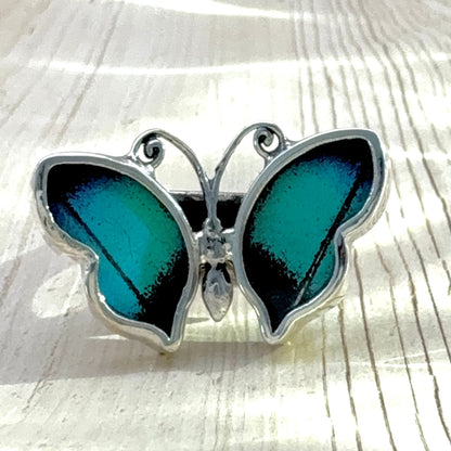 Bague Azura Délicate Bleu céleste en argent avec ailes de papillon naturelles