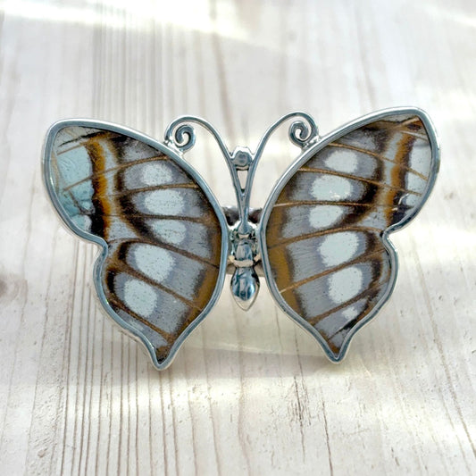 Bague Azura Majesté en argent avec ailes de papillon naturelles Nacré cristallin