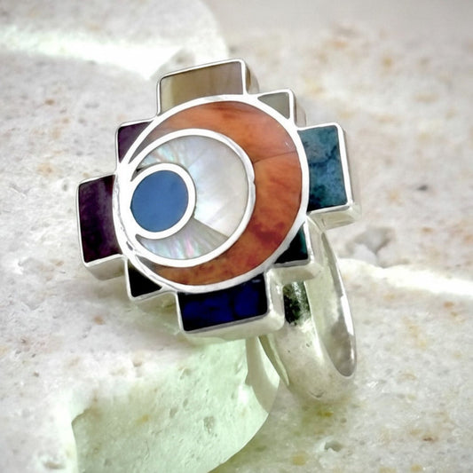 Bague Chakana ajustable en argent et pierres naturelles Ambre solaire