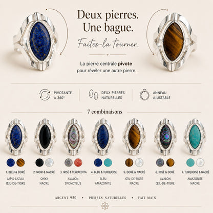 Bague Duo en argent et pierres naturelles – 7 combinaisons à deux faces