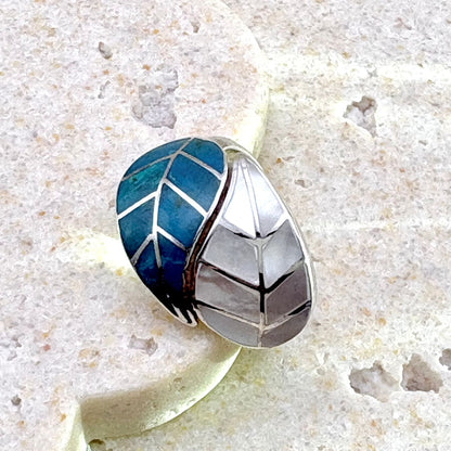 Bague Vita Double en argent avec chrysocolle et nacre, motif double feuille
