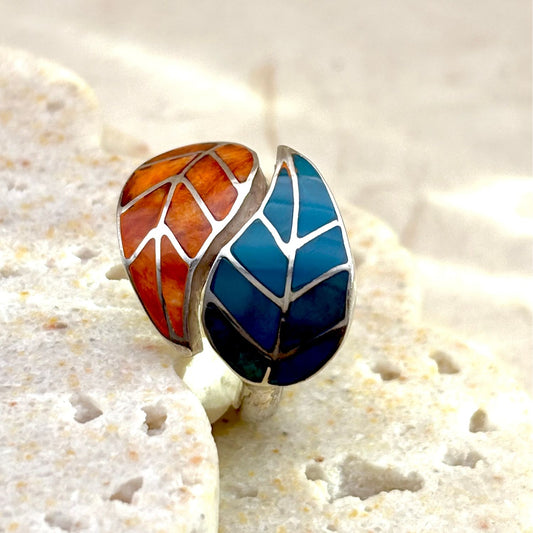 Bague Vita Double en argent avec chrysocolle et spondylus, motif double feuille
