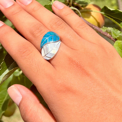 Bague Vita Double portée avec pierres naturelles turquoise et blanc nacré
