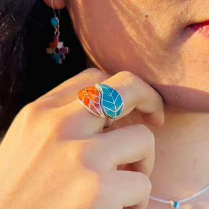 Bague Vita Double portée avec pierres naturelles turquoise et orange
