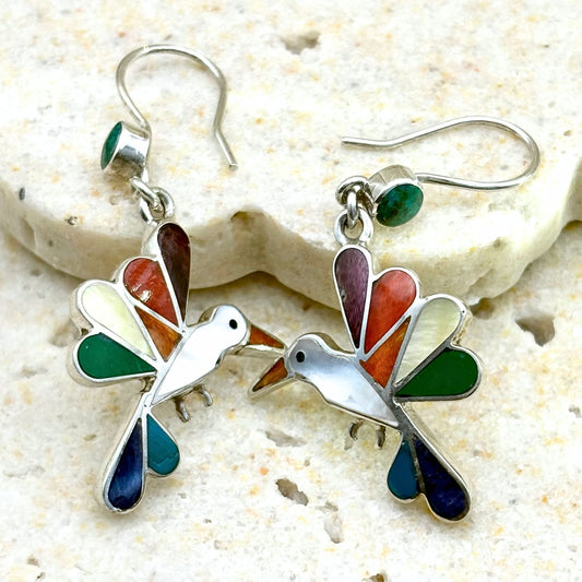 Boucles d'oreilles Colibri en argent avec chrysocolle, sodalite, nacre et spondylus