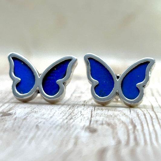 Boucles d’oreilles papillon en argent et ailes naturelles – Bleu profond