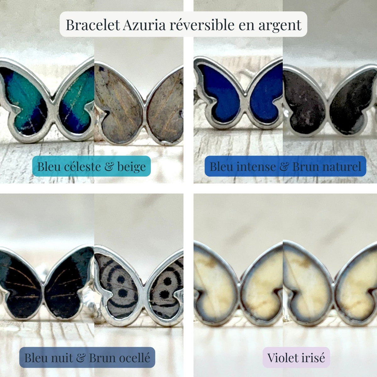 Bracelet papillon Azuria réversible en argent – 4 variantes en ailes naturelles