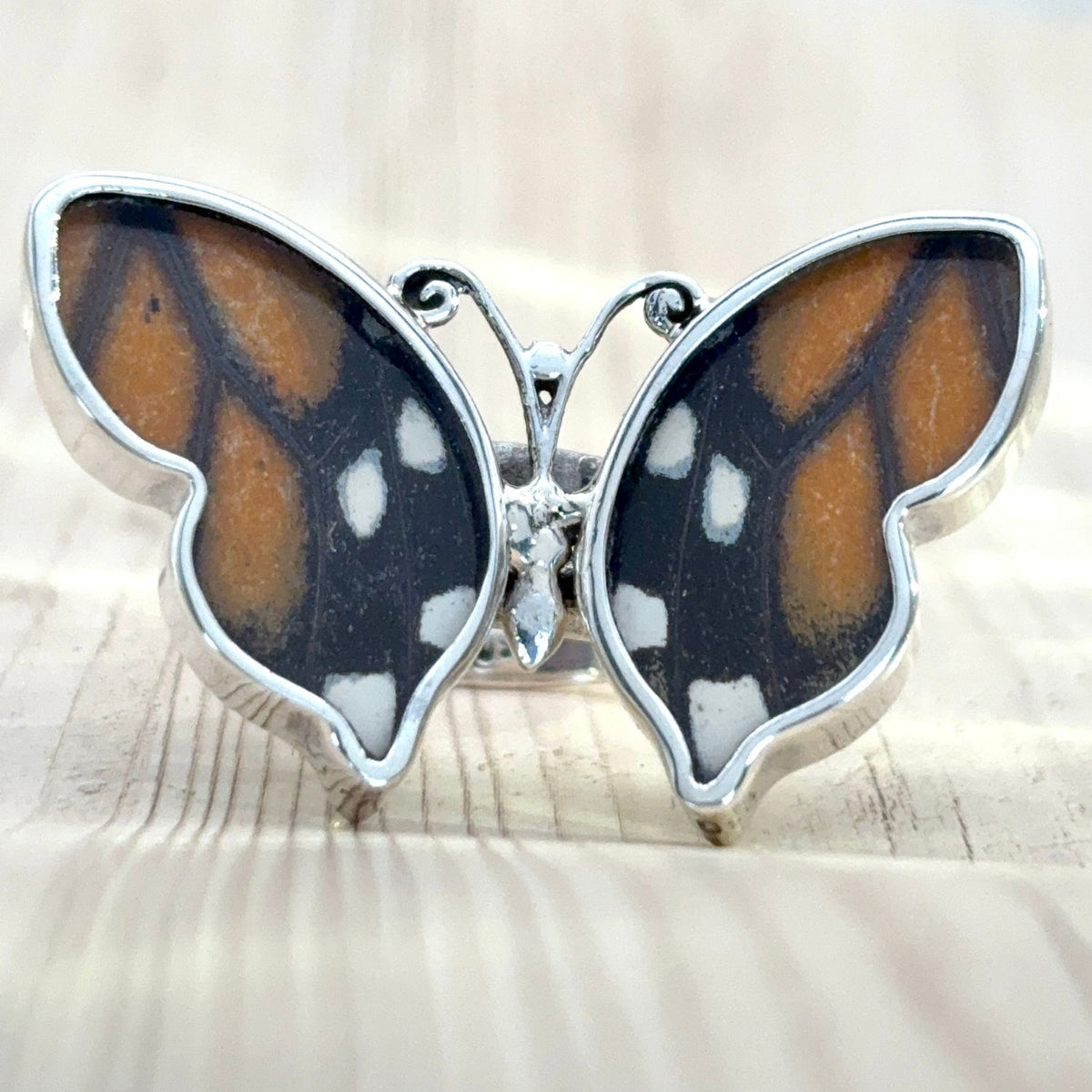 Grande Bague Azura en argent avec ailes de papillon naturelles Ambre nocturne