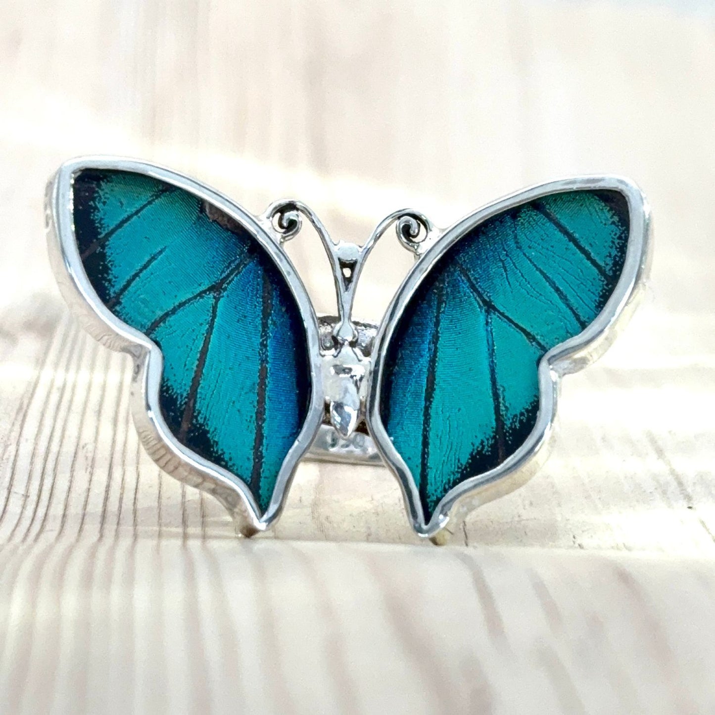 Grande Bague Azura en argent avec ailes de papillon naturelles Bleu céleste
