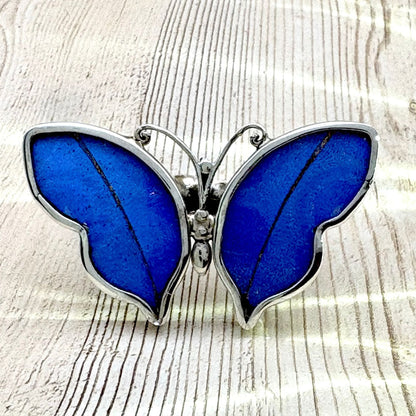 Grande Bague Azura en argent avec ailes de papillon naturelles Bleu intense
