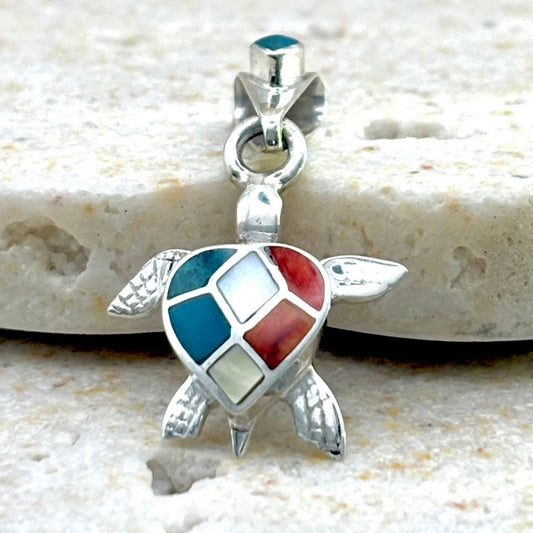 Pendentif Tortue Colorée en argent et pierres naturelles