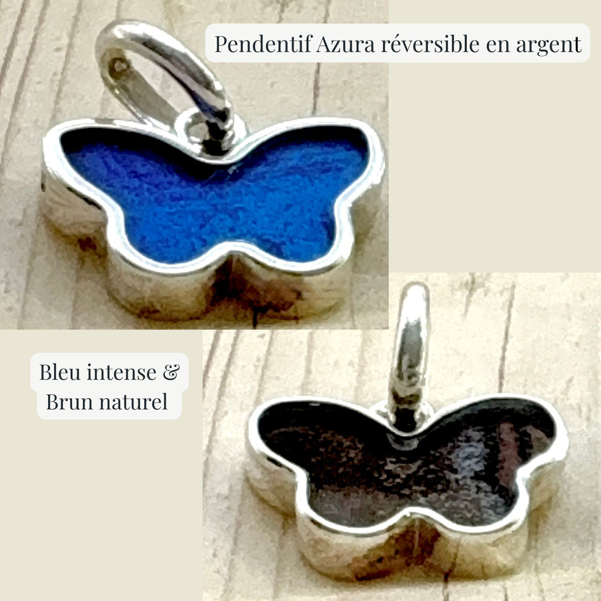 Pendentif Azura réversible en argent – Bleu intense & Brun naturel