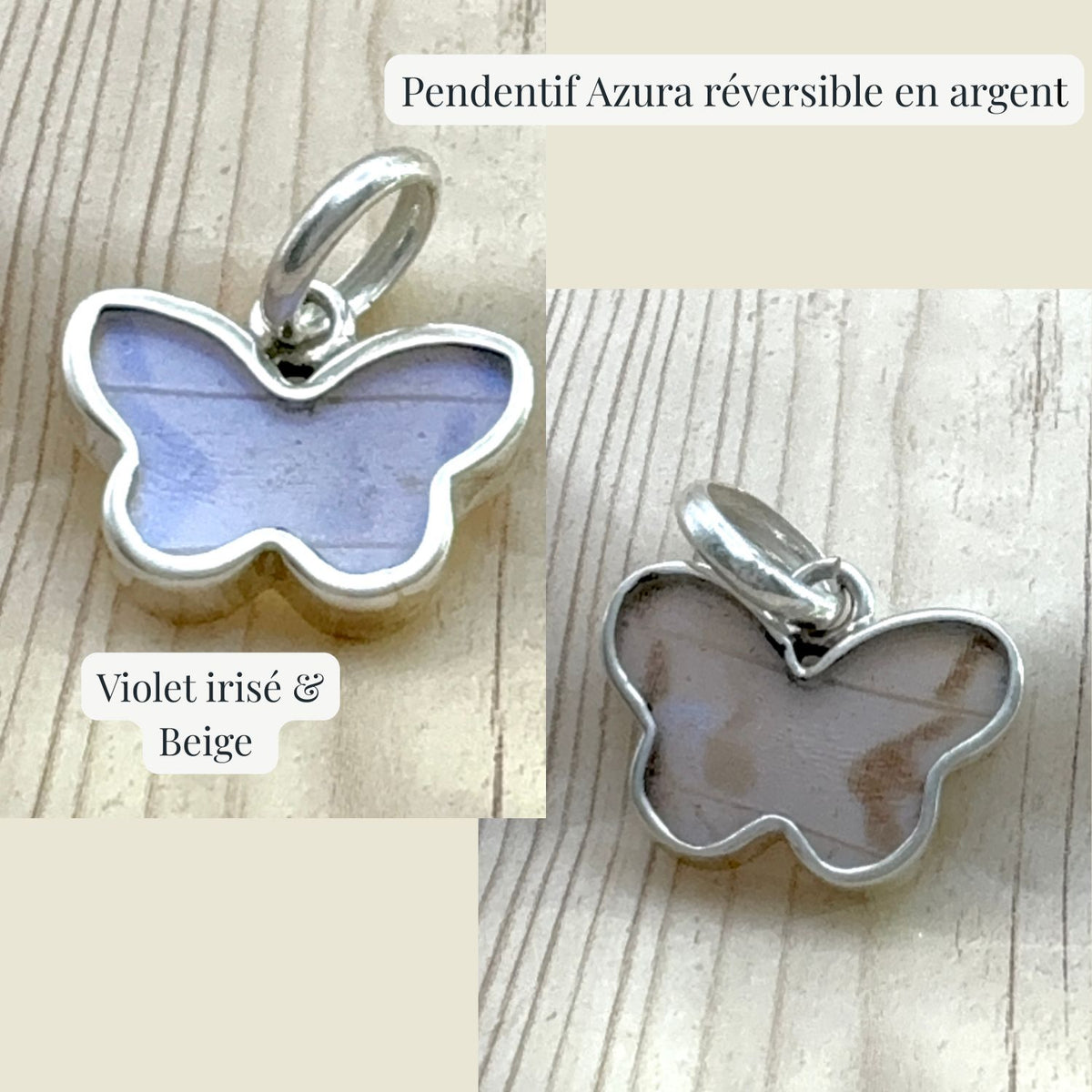 Pendentif Azura réversible en argent – Violet irisé & Beige