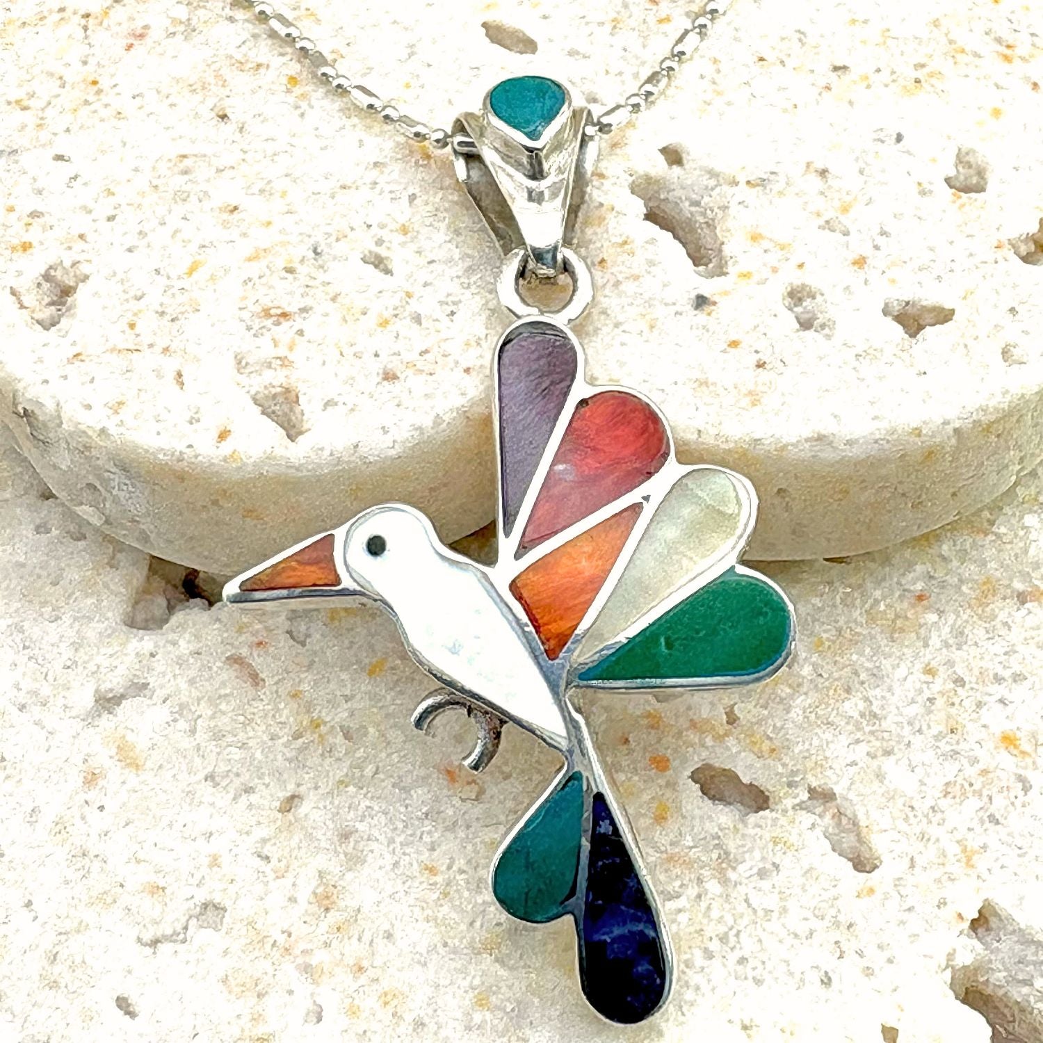 Pendentif Colibri en argent et pierres naturelles